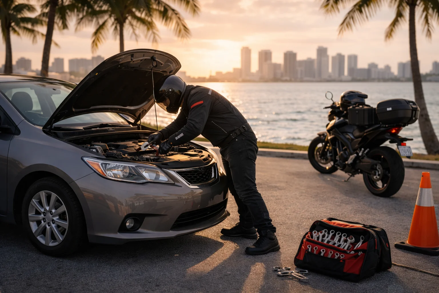 Mechanic working on a car engine at sunset