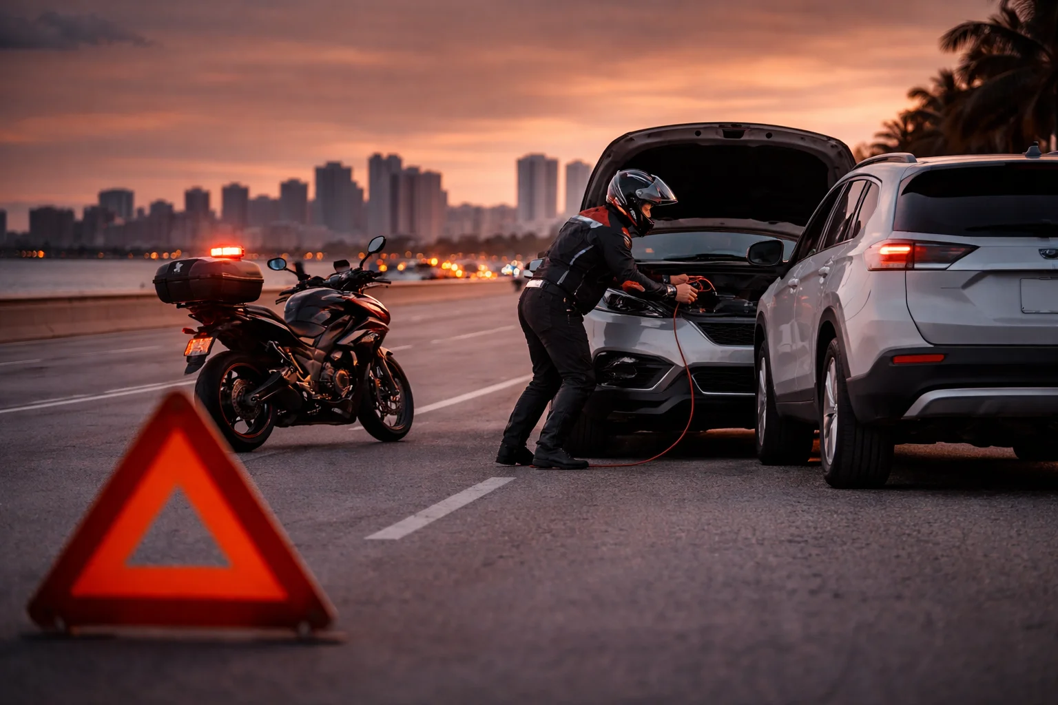 A roadside assistance scene at sunset
