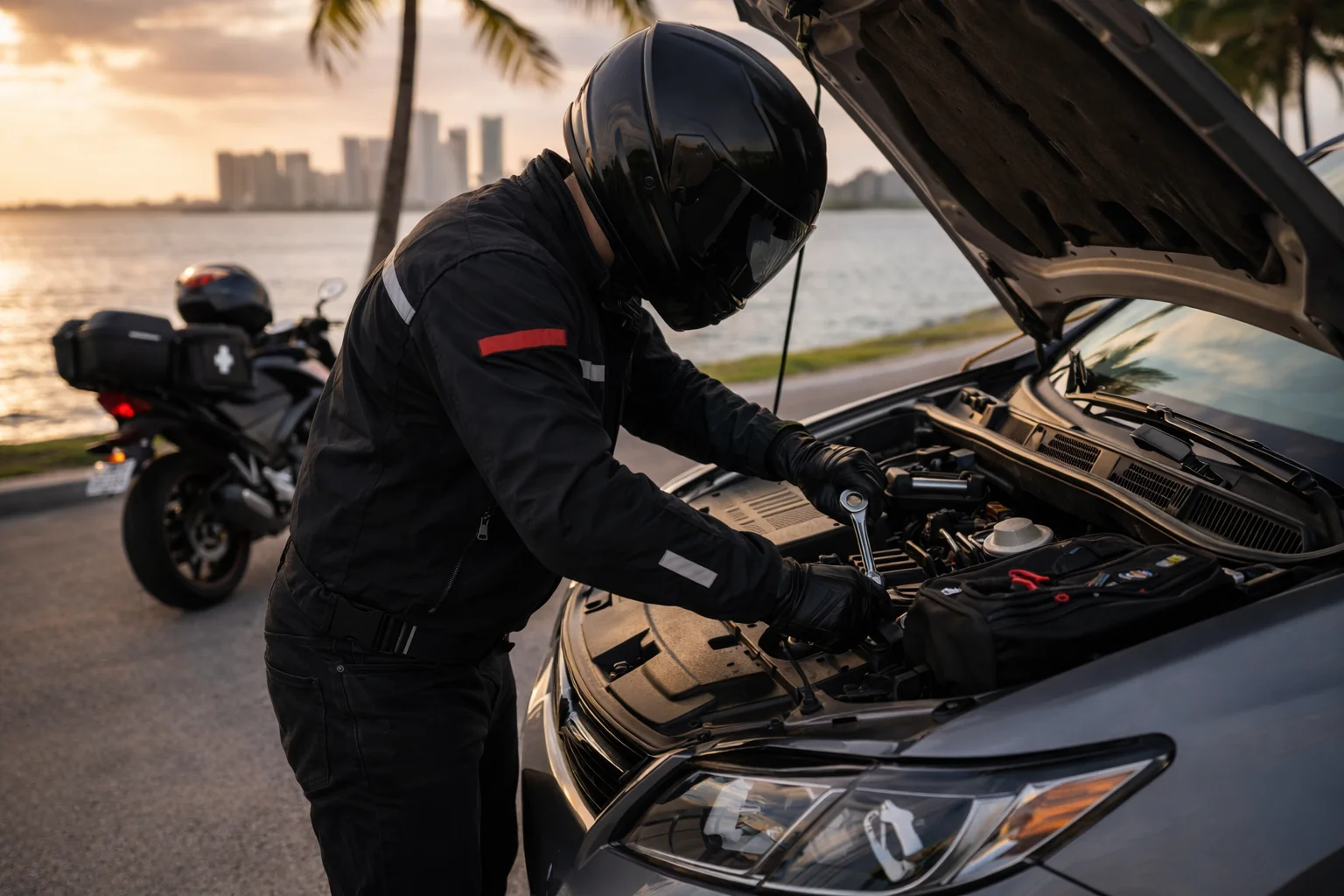 Motorcycle rider repairing a vehicle engine by the waterfront at sunset