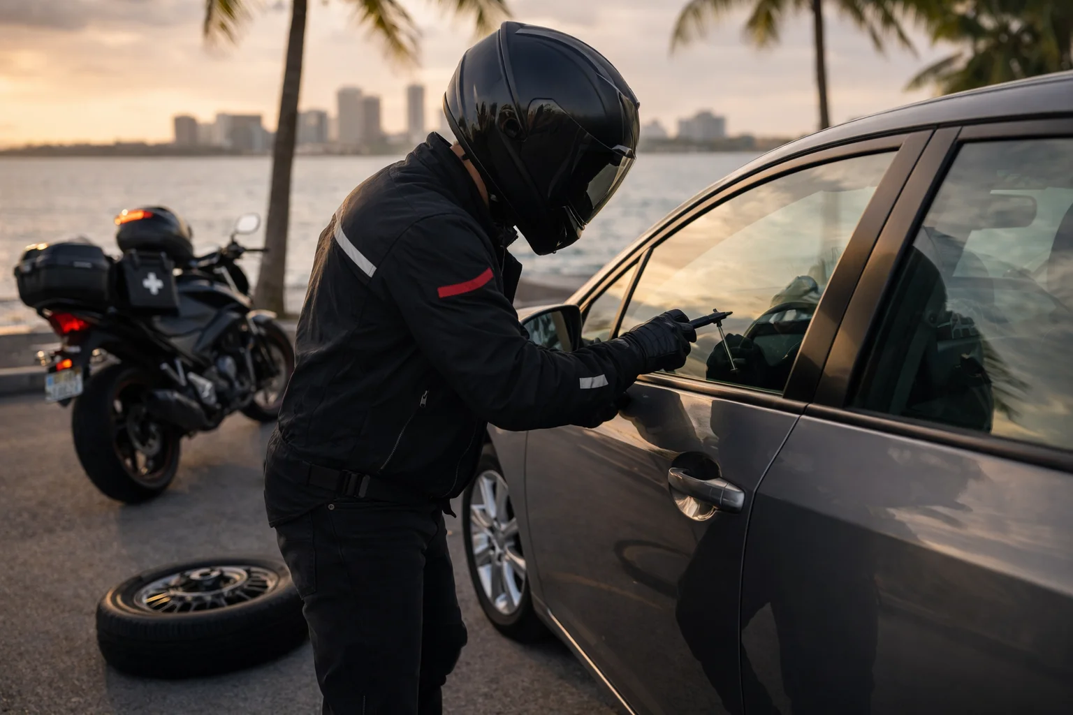 Motorcyclist attempting to unlock a car door at sunset