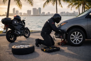 Motorcycle rider assisting with car tire change near water.