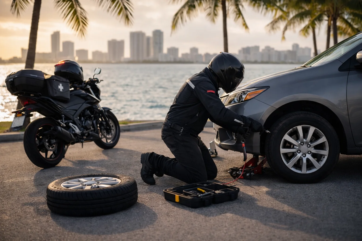 Motorcycle rider assisting with car tire change near water.