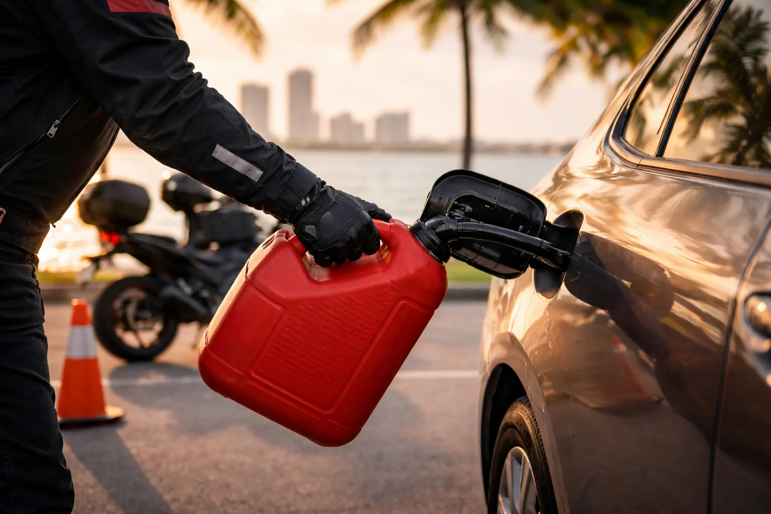 Person refueling a car with a red gas canister at sunset.